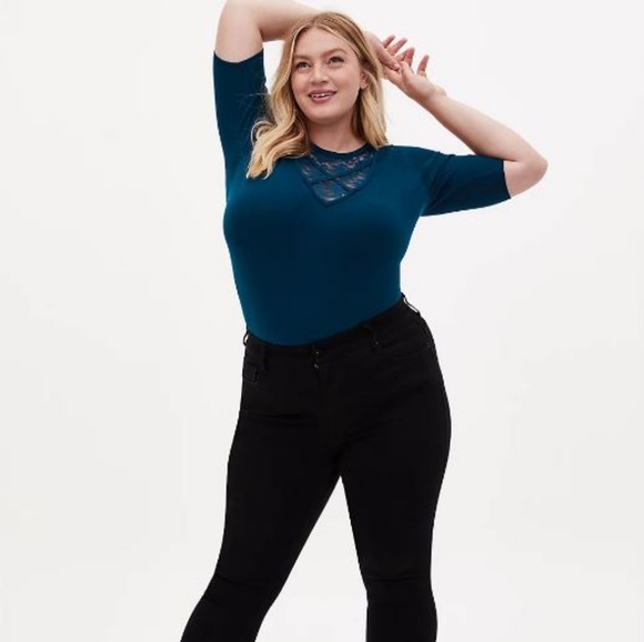 Torrid Teal Sweater Knit Lace Onset Top 2 - Picture 2 of 4